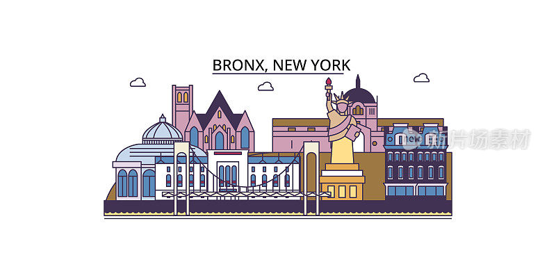 美国纽约布朗克斯旅游地标，矢量城市旅游插画