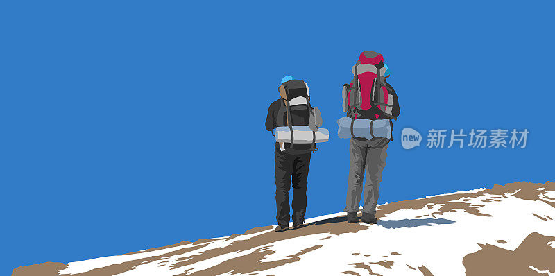 两个背着大背包的徒步旅行者，矢量图