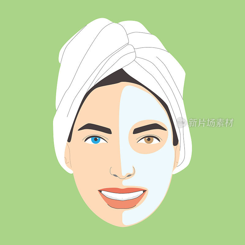 化妆品护理，微笑的女人戴着半面口罩，头上戴着毛巾，眼睛颜色不同，矢量孤立在绿色背景上。