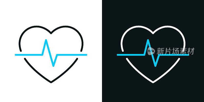 心跳――心脏的脉搏。黑色或白色背景上的双色线条图标-可编辑笔触