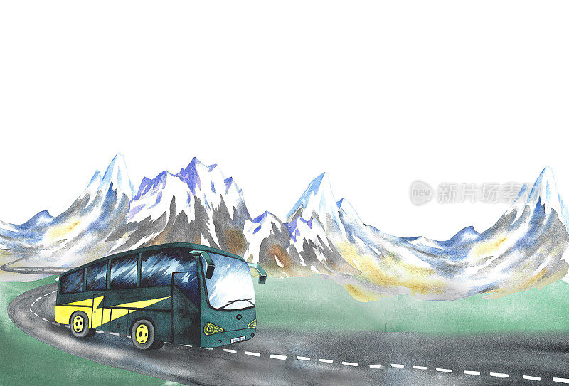 乘客、旅游大巴以雪山为背景。横幅，水彩手绘插图。专为传单，横幅和明信片。用于邀请，海报，贴纸和印刷品。