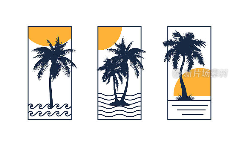 一套夏季海报与棕榈树剪影，太阳和线波。复古简约的横幅，标签或t恤设计与棕榈树在日落。向量