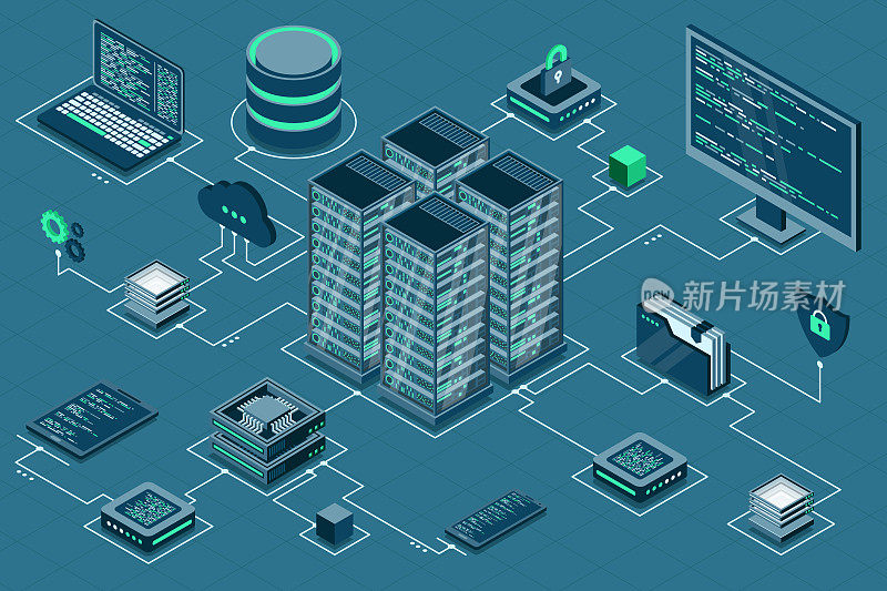 计算机技术等距图解。大数据中心计算。云计算。在线设备上传和下载信息。现代三维等距矢量插图