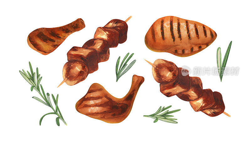 水彩烧烤烤鸡排，烤肉串和迷迭香树枝。手绘插图孤立在白色背景。完美的菜单屠宰食品，肉类产品