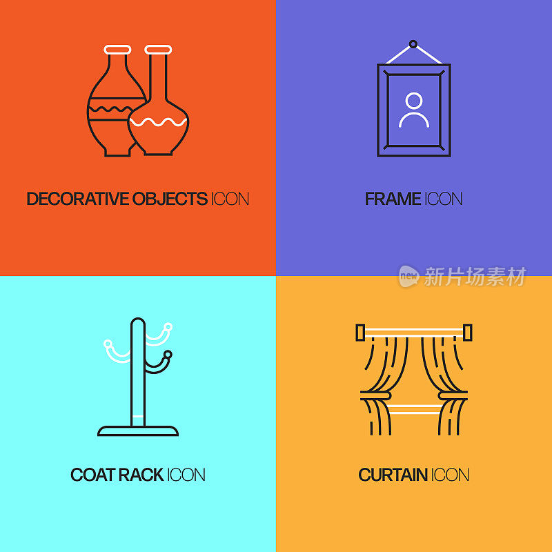 家具相关的矢量细线图标。轮廓符号集合