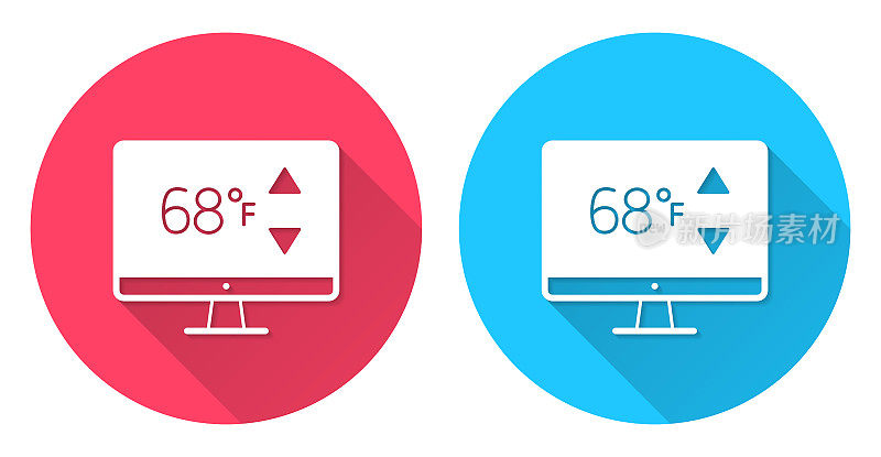 带有加热控制的台式电脑。圆形图标与长阴影在红色或蓝色的背景