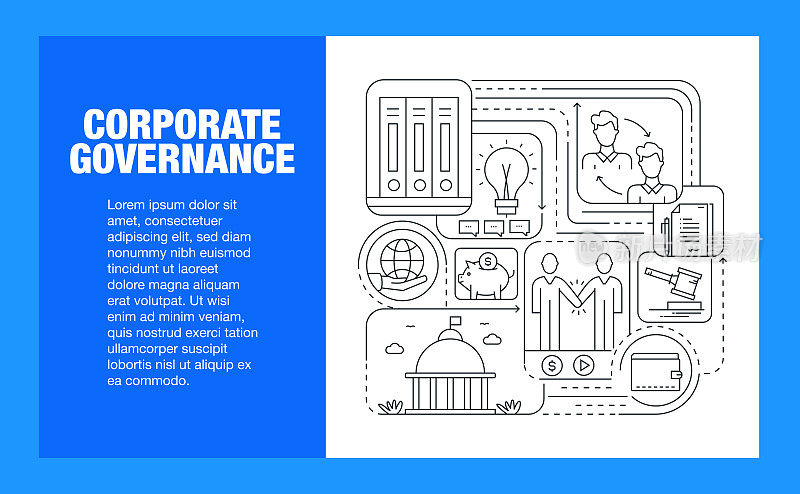 公司治理线图标集和横幅设计。规则、政治与政府、诚信、企业经营、