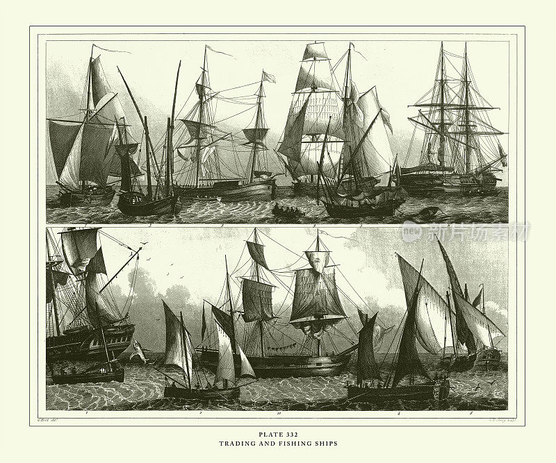 雕刻古董，贸易和渔船雕刻古董插图，1851年出版