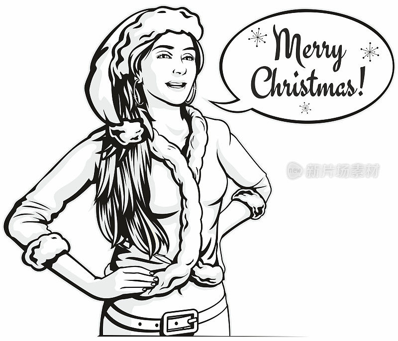 一个快乐的圣诞女人谈话的波普艺术插图