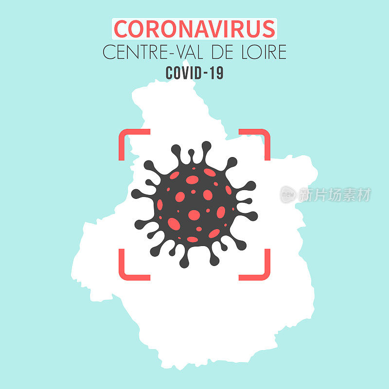 中央-卢瓦尔河谷地图，红色取景器中有冠状病毒(COVID-19)细胞