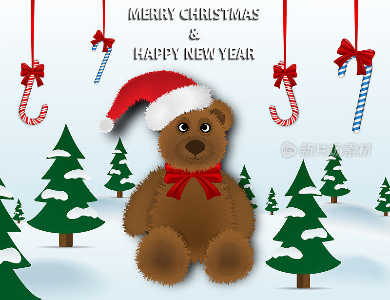 圣诞和新年矢量插图背景。逼真的玩具泰迪熊，雪花，圣诞树。用于您的设计的Holiday对象。