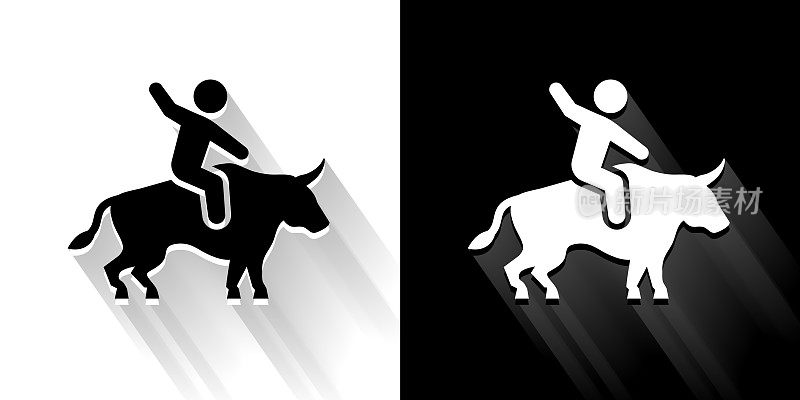 骑牛黑色和白色图标与长影子