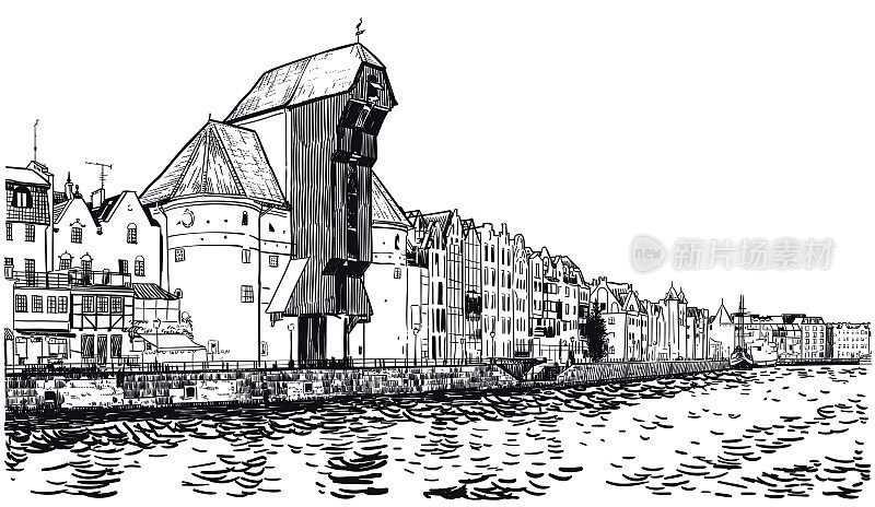 格但斯克海滨的矢量图，包括中世纪著名的起重机