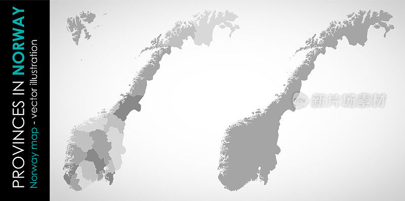 挪威和各省灰色矢量地图