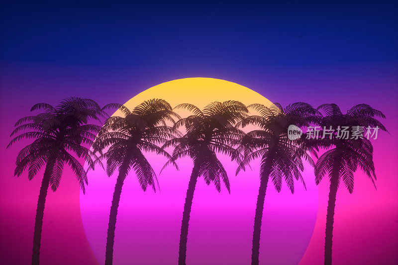 复古的未来主义太阳与棕榈树，80年代抽象背景