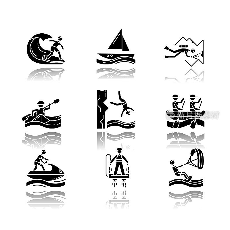 水上运动下降阴影黑色字形图标集。洞穴潜水、冲浪、飞行滑板和航海。悬崖跳水、皮划艇和帆板运动。极限运动。孤立的矢量插图