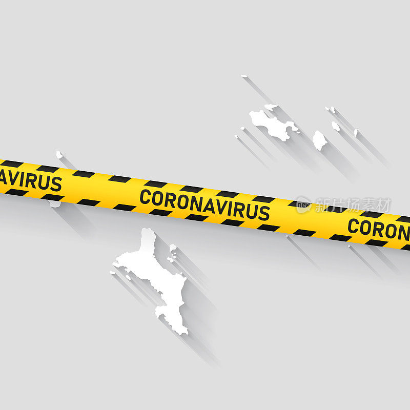 带有冠状病毒警告胶带的塞舌尔地图。Covid-19爆发