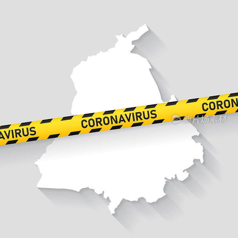 旁遮普地图与冠状病毒警告胶带。Covid-19爆发