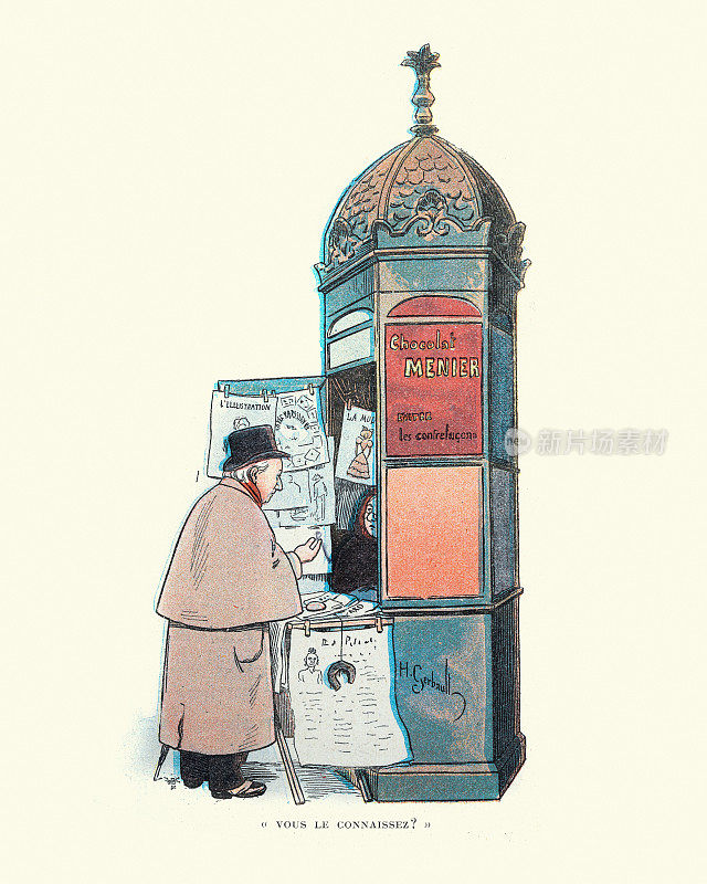 一名男子在报摊上买报纸，维多利亚时代，19世纪