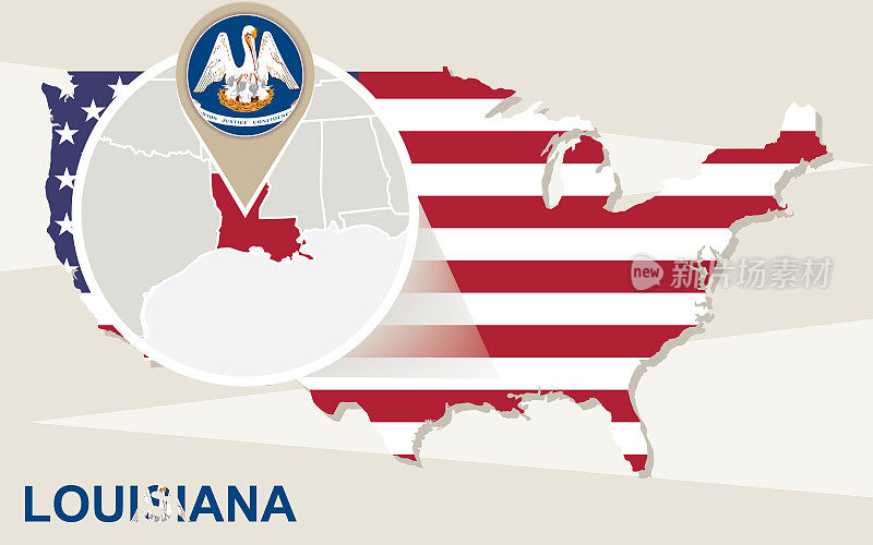 放大的路易斯安那州美国地图。路易斯安那旗帜和地图。