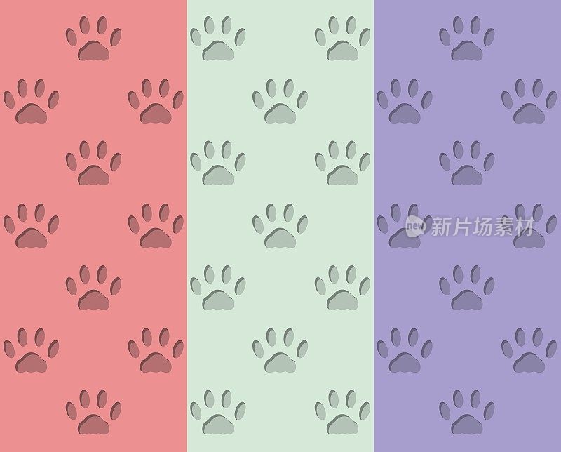 无尽的无缝图案的猫脚印在不同的颜色。红色、绿色和紫色背景上的猫的体积凹迹