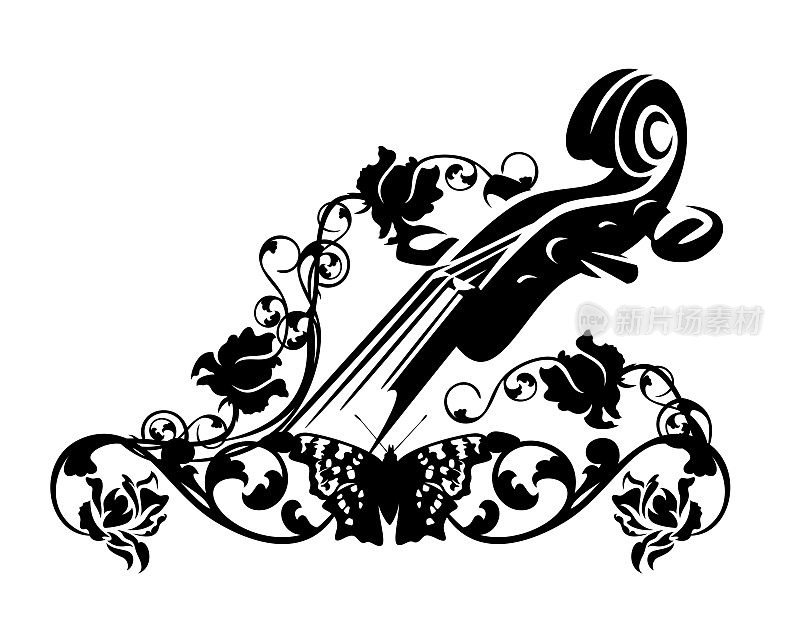 黑白矢量设计的小提琴乐器和玫瑰花与蝴蝶
