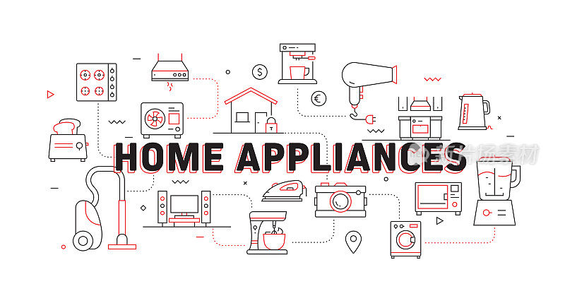 家用电器相关的现代线条风格矢量插图