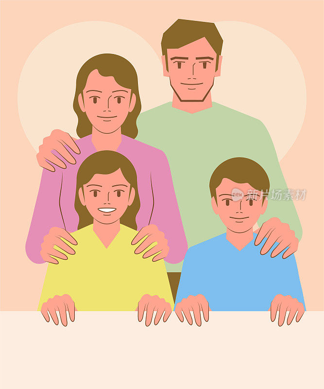 微笑的年轻漂亮的家庭和两个孩子举着一个空白的牌子