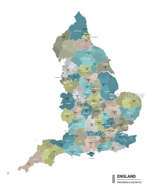 英格兰高详细地图与细分。英国行政地图与地区和城市名称，颜色由州和行政区域。矢量插图。