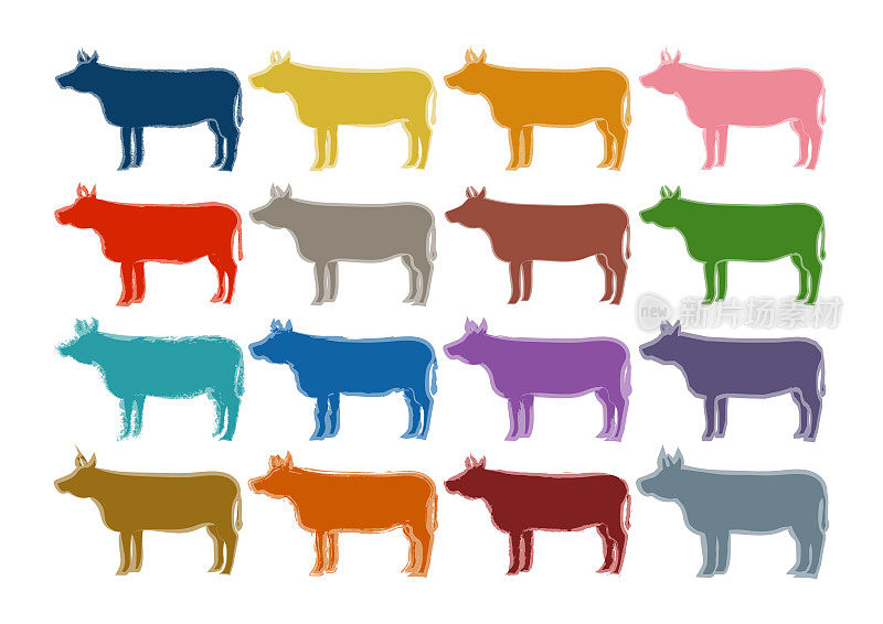 矢量插图的牛。牛,牛,牛。彩色的图标集。