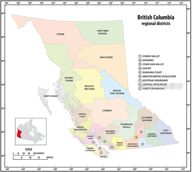 加拿大不列颠哥伦比亚省的行政矢量地图