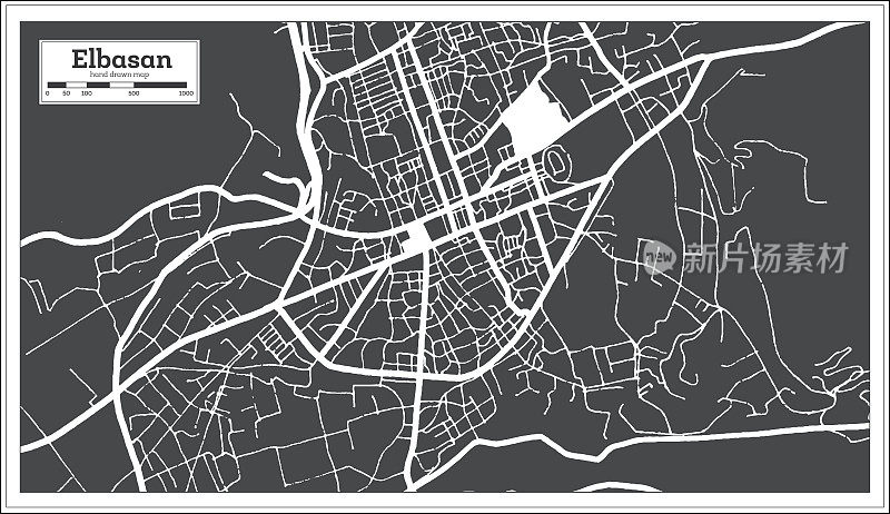 阿尔巴尼亚埃尔巴桑市地图黑白复古风格。略图。