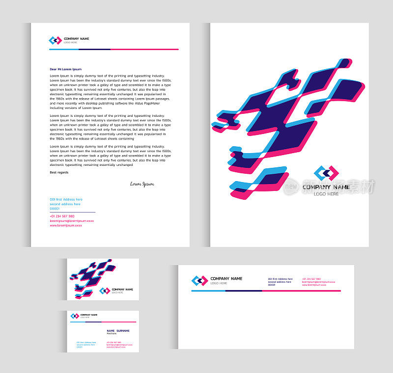 布局模板大小A4封面，页面名片和字母-蓝色和粉色抽象三维矢量集设计
