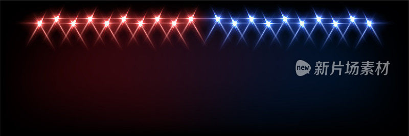 红色和蓝色灯光从投影仪在黑色的背景。聚光灯与光束效果舞台矢量插图。抽象明亮的迪斯科灯在聚会或娱乐活动，节日