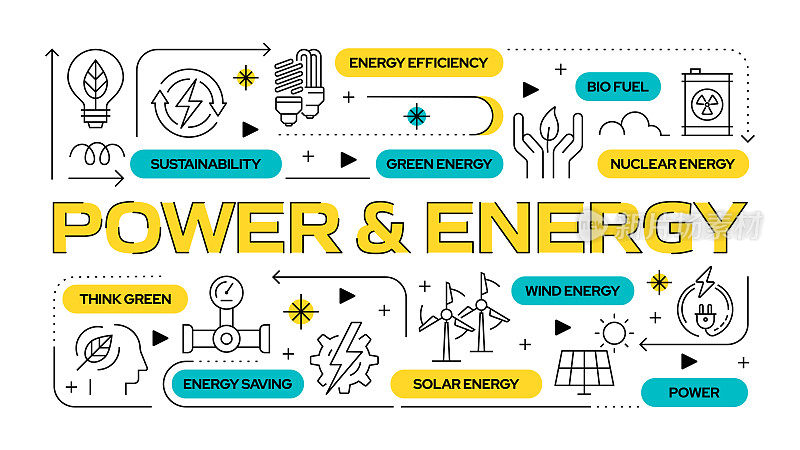 力量和能量相关的矢量横幅设计概念，图标的现代线条风格
