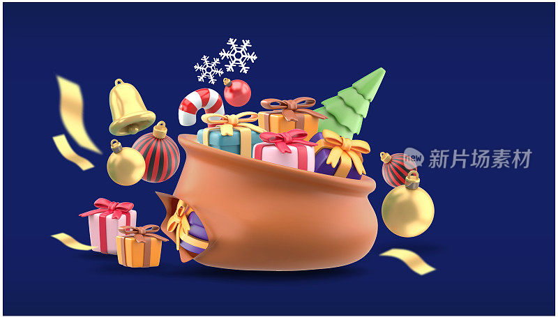 用于海报设计的圣诞物品。圣诞礼物袋周围环绕着圣诞树、星星、铃铛、圣诞球、丝带、糖果手杖和蓝色背景上的雪。