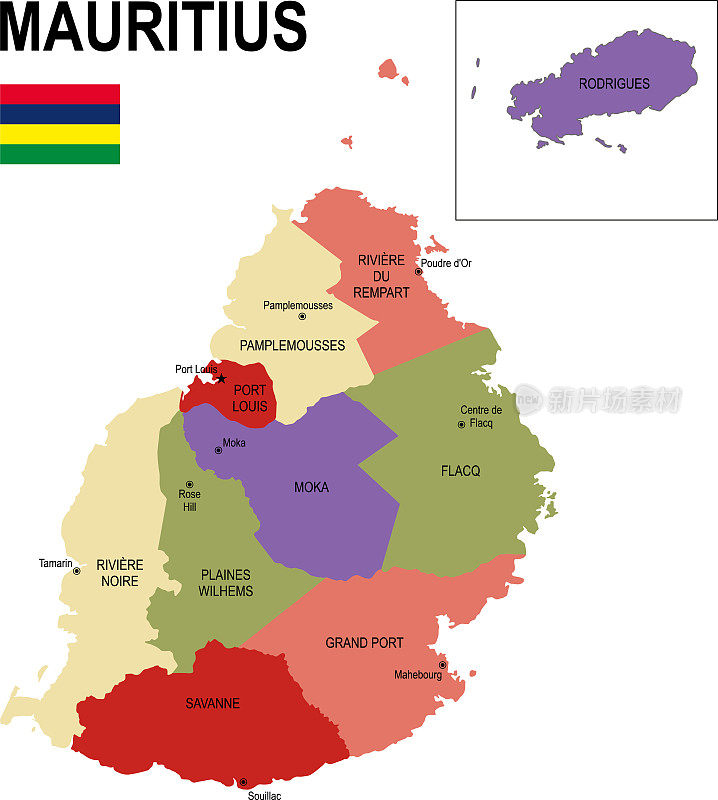 毛里求斯彩色平面地图与旗帜