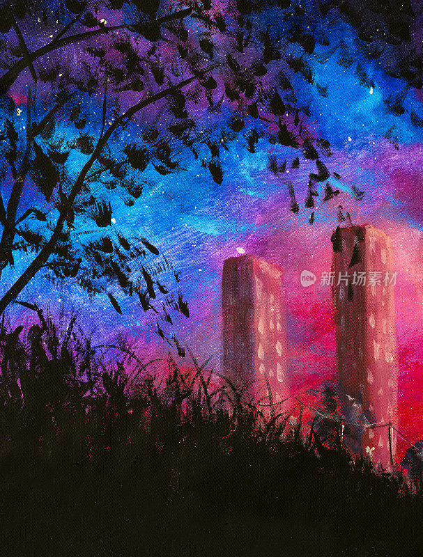 竖向油画夜城手绘艺术背景以紫色星空为背景的高楼大厦