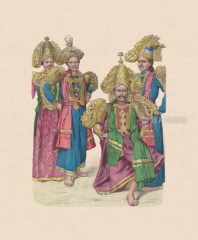 19世纪，亚洲服饰，演员，手工着色木刻，大约1880年出版