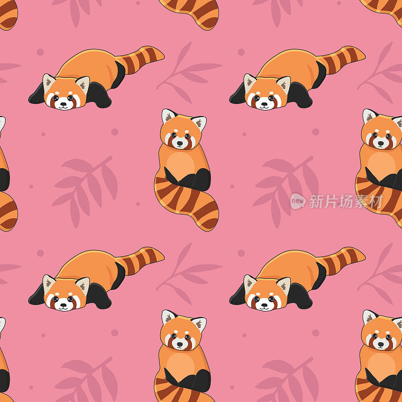 可爱的小熊猫和竹子的无缝图案。卡通设计动物角色平面矢量风格。用于织物，包装，纺织品，墙纸，服装的纹理。