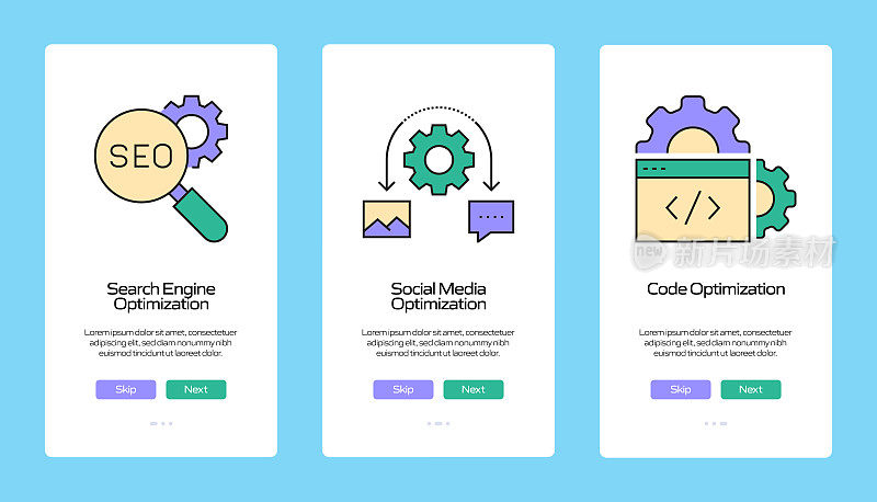 搜索引擎优化概念Onboarding移动应用程序页面屏幕与平面图标。UI设计模板矢量插图