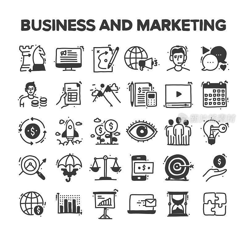 商业和营销相关的手绘矢量涂鸦图标集