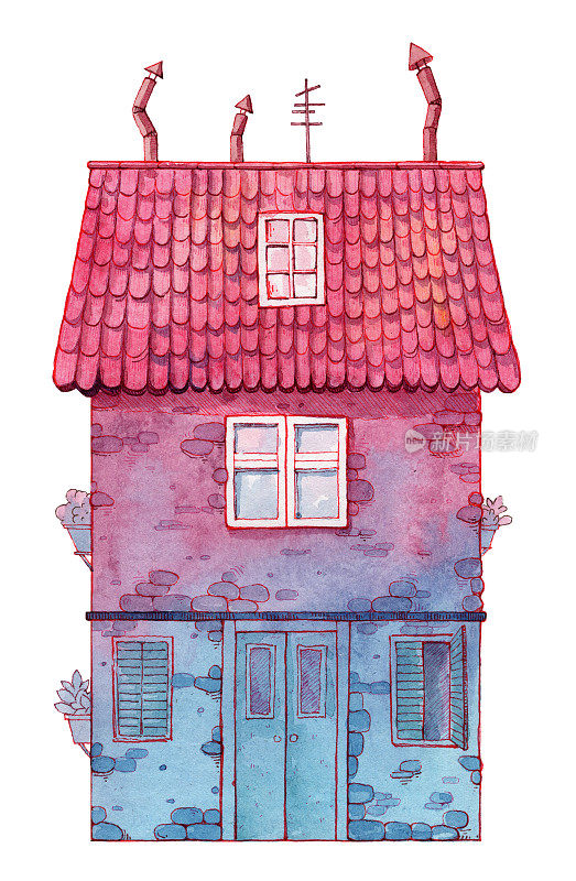 水彩手绘可爱的房子立面与紫色和蓝色的颜色。扫描的评级建筑插图。贺卡和艺术印刷模板
