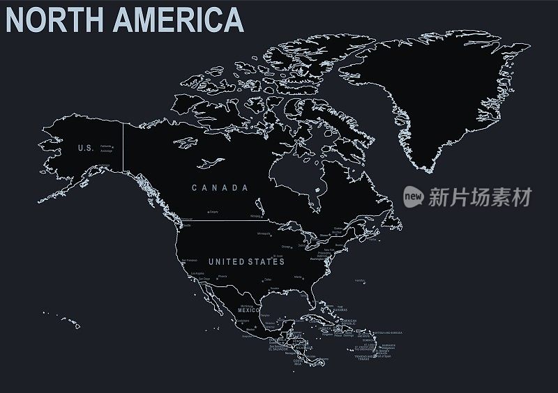 北美的平面地图与国家和城市在一个黑色的背景