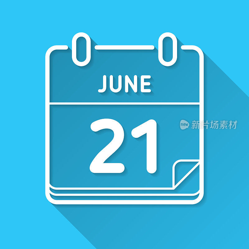 6月21日。图标在蓝色背景-平面设计与长阴影