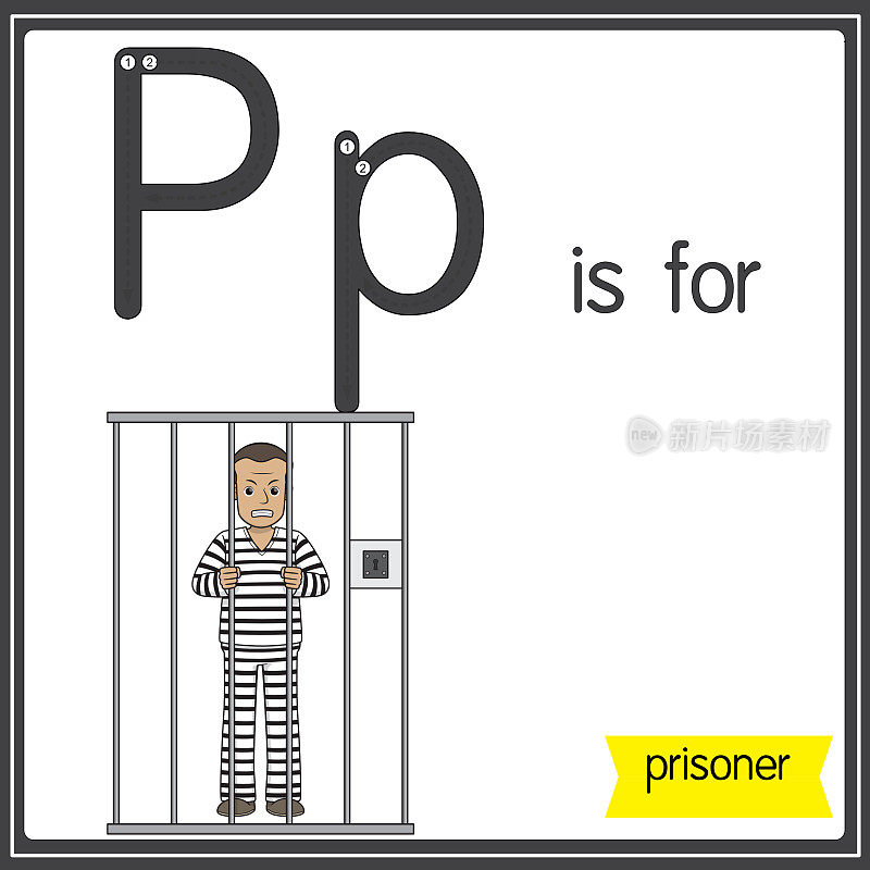 矢量插图学习字母为儿童与卡通形象。字母P代表囚犯。
