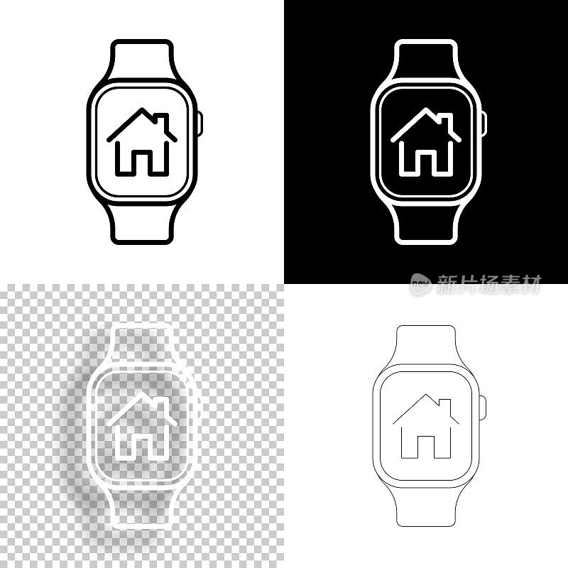 智能手表配智能家居。图标设计。空白，白色和黑色背景-线图标