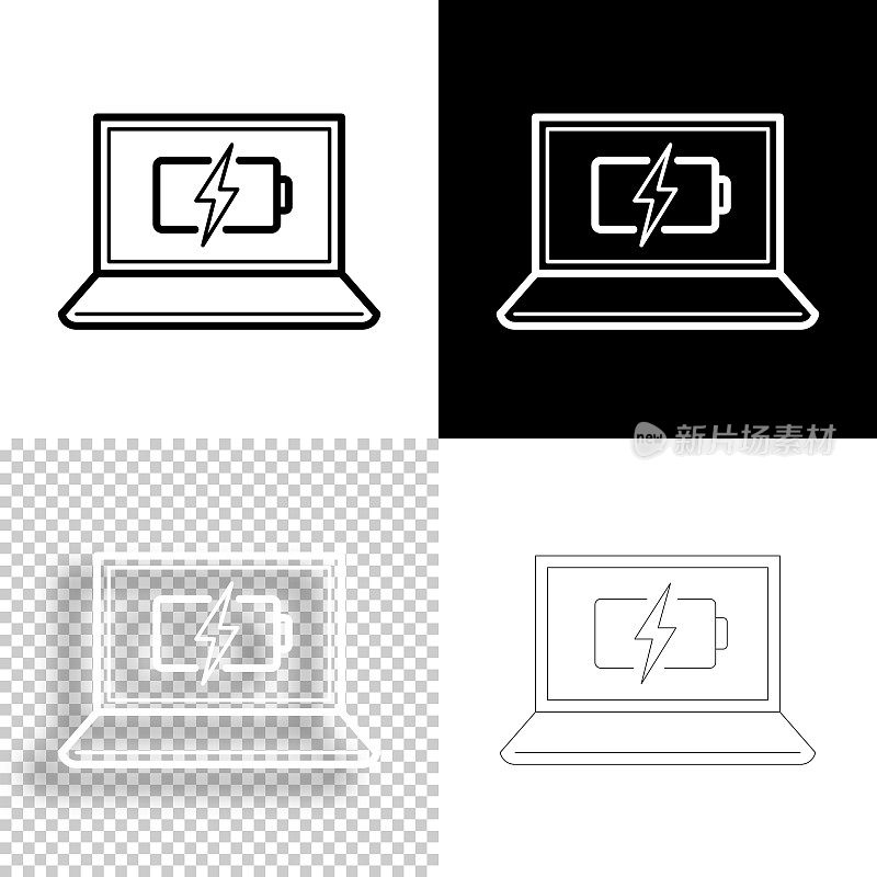带有电池充电符号的笔记本电脑。图标设计。空白，白色和黑色背景-线图标