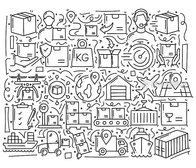 配送和物流相关的对象和元素。手绘矢量涂鸦插图集合。手绘图案设计
