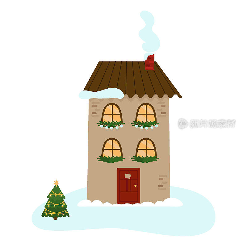 一个舒适的冬季房子，有两层楼，圣诞节用冷杉花环装饰。一个节日的冬季城市。矢量插图设计，装饰，明信片